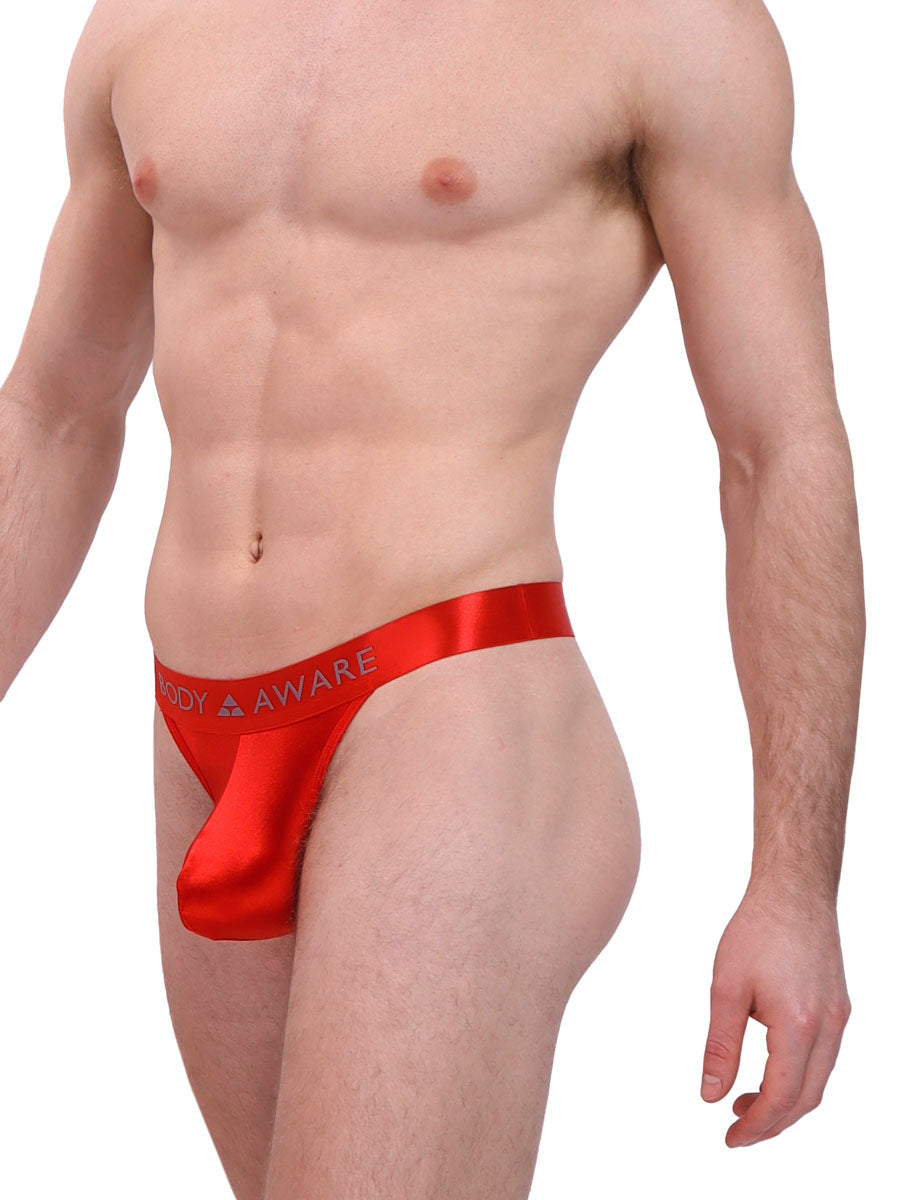 men's red satin logo thong - Body Aware