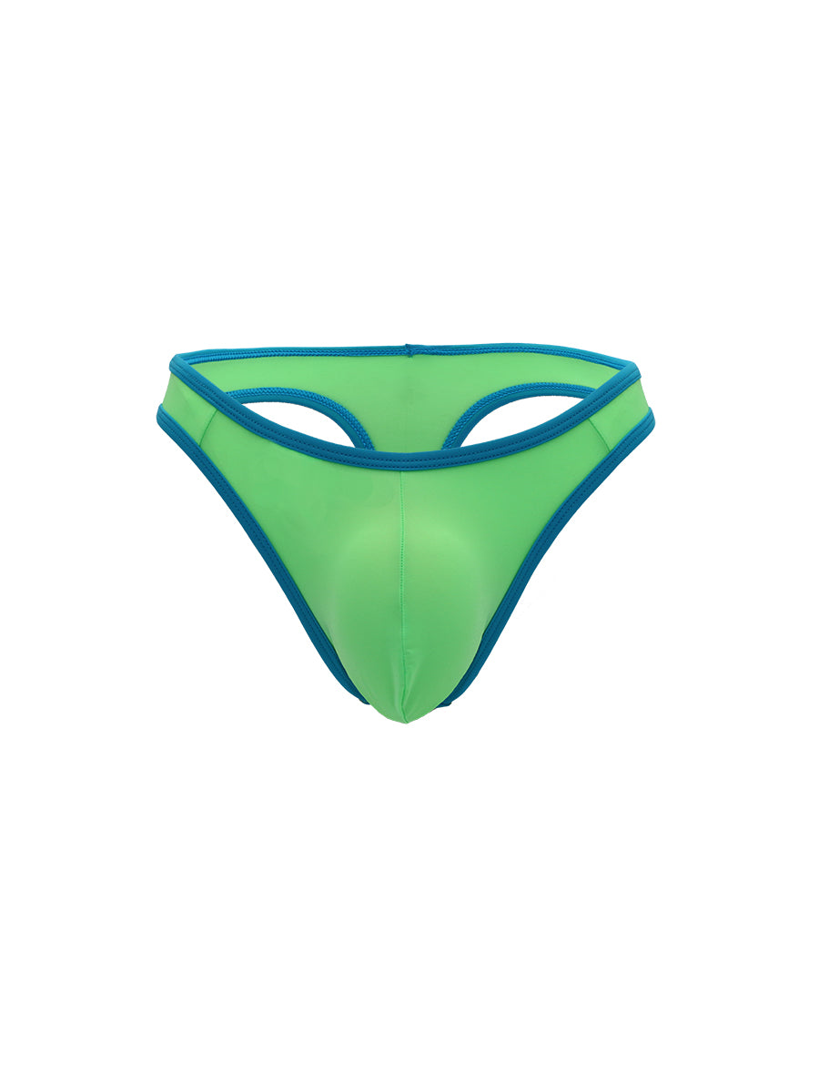 Lime green mens's thong with blue trim on a white background.