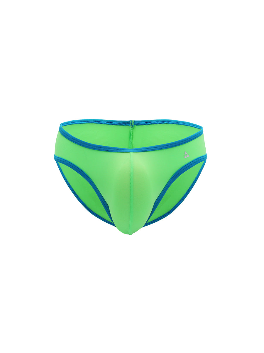 Green men's underwear with blue trim on a white background