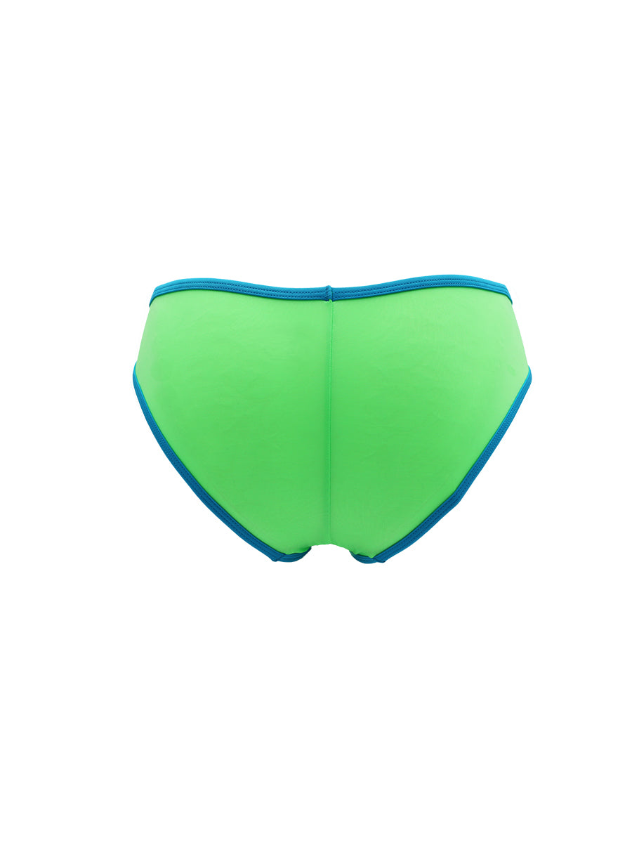 Green men's underwear with blue trim on a white background