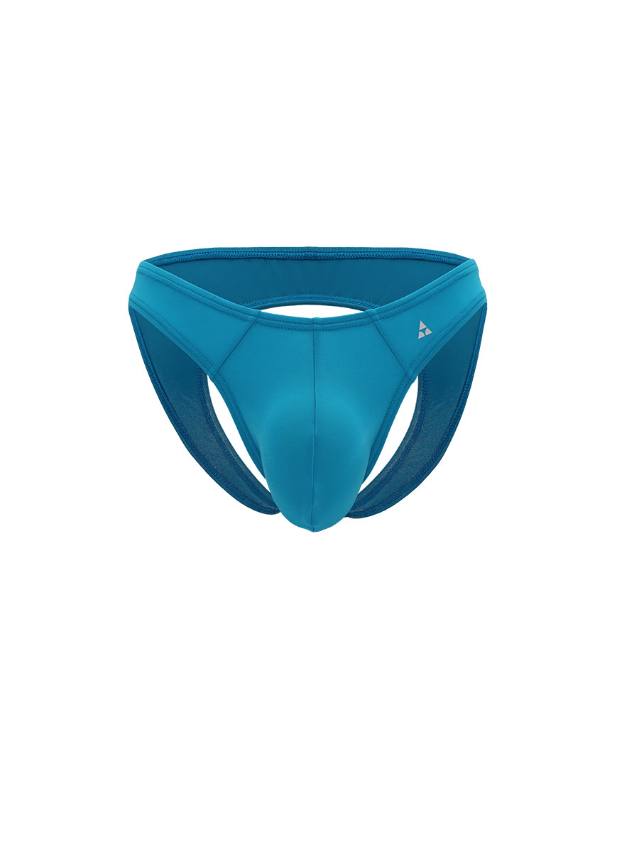 Turquoise blue jock style underwear on a white background.