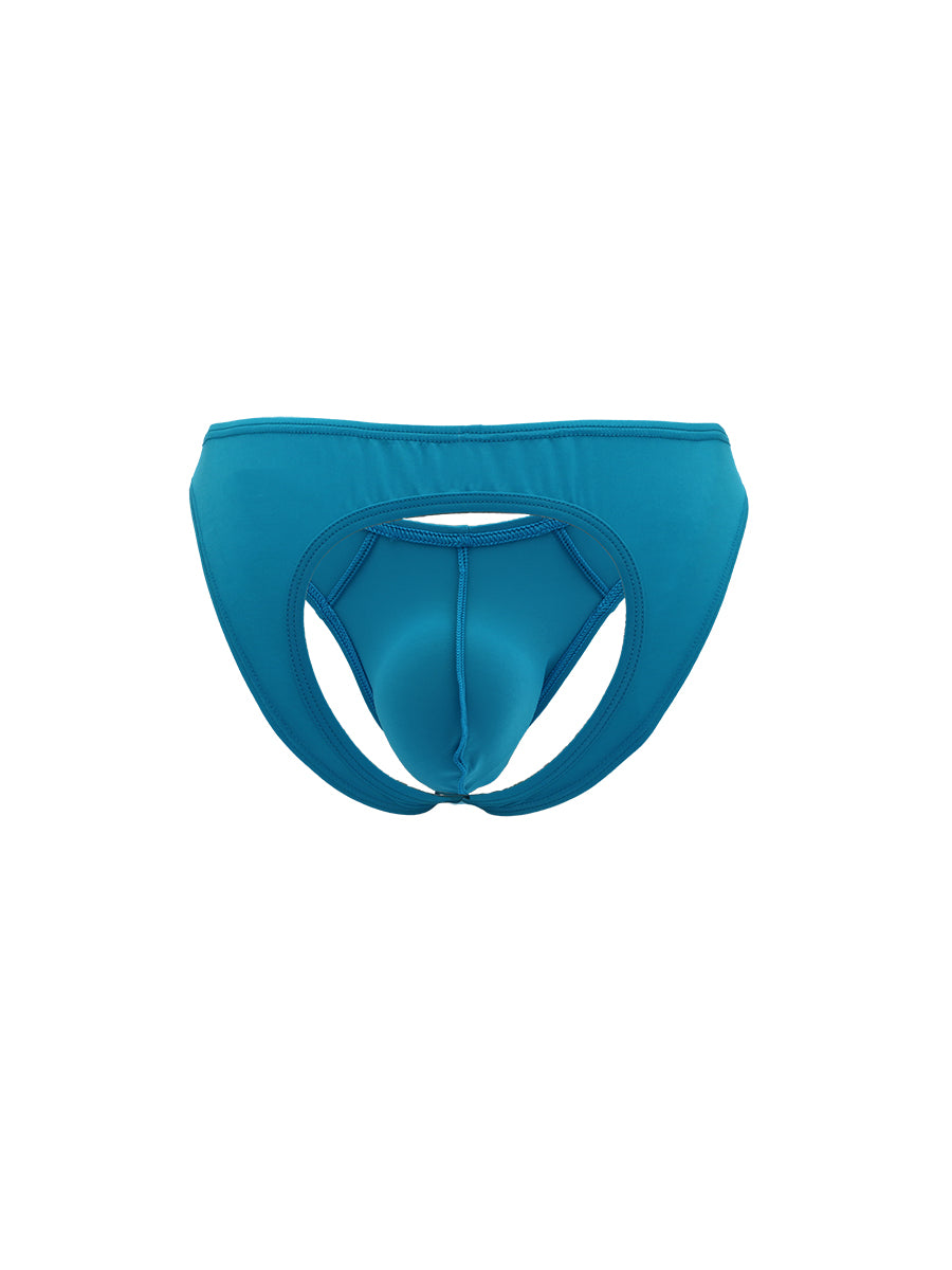Turquoise blue jock style underwear on a white background.