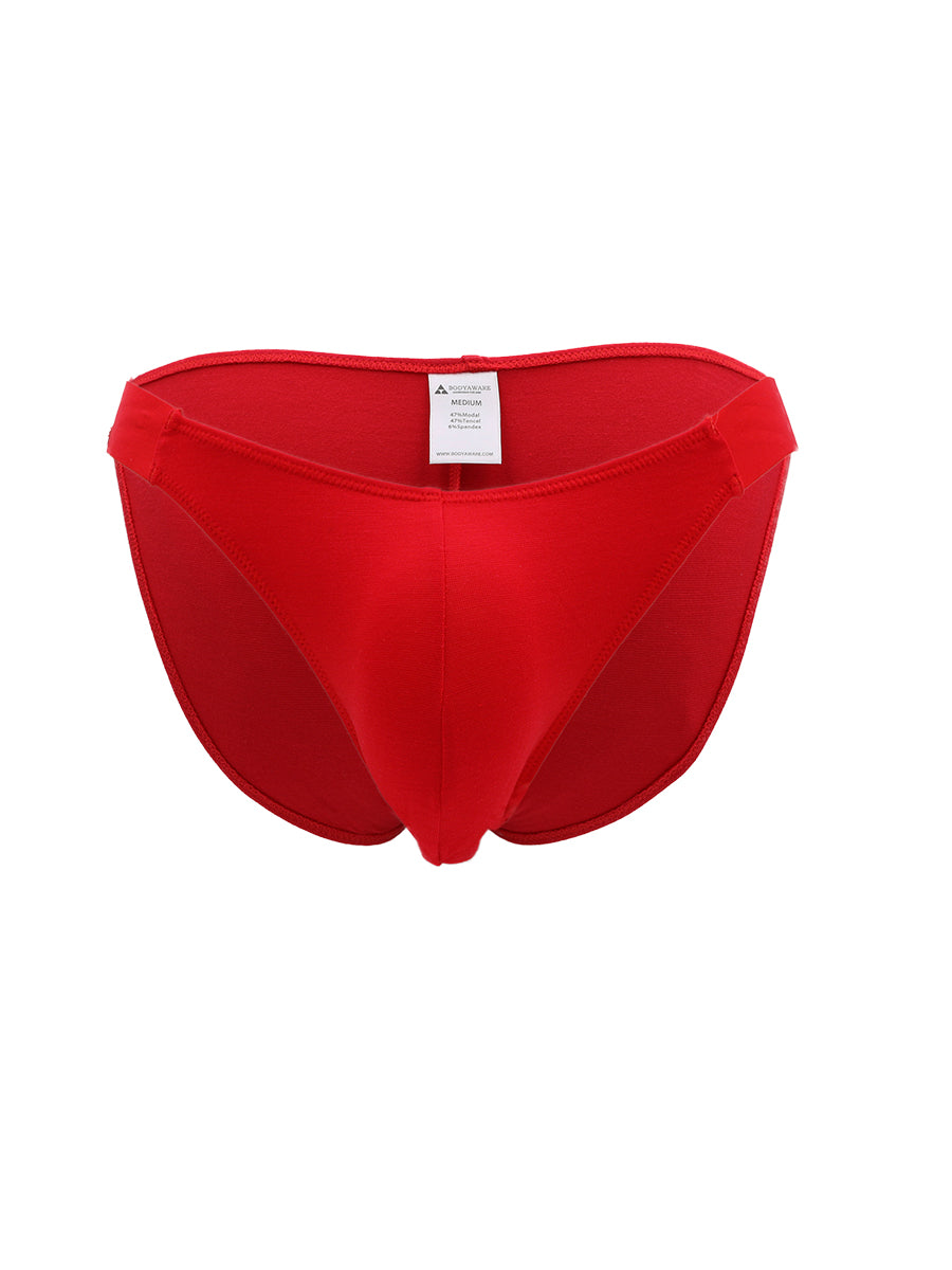 A red Body Aware men's bikini brief on a white background.
