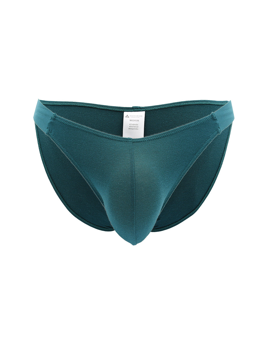 A teal green Body Aware men's bikini brief on a white background.