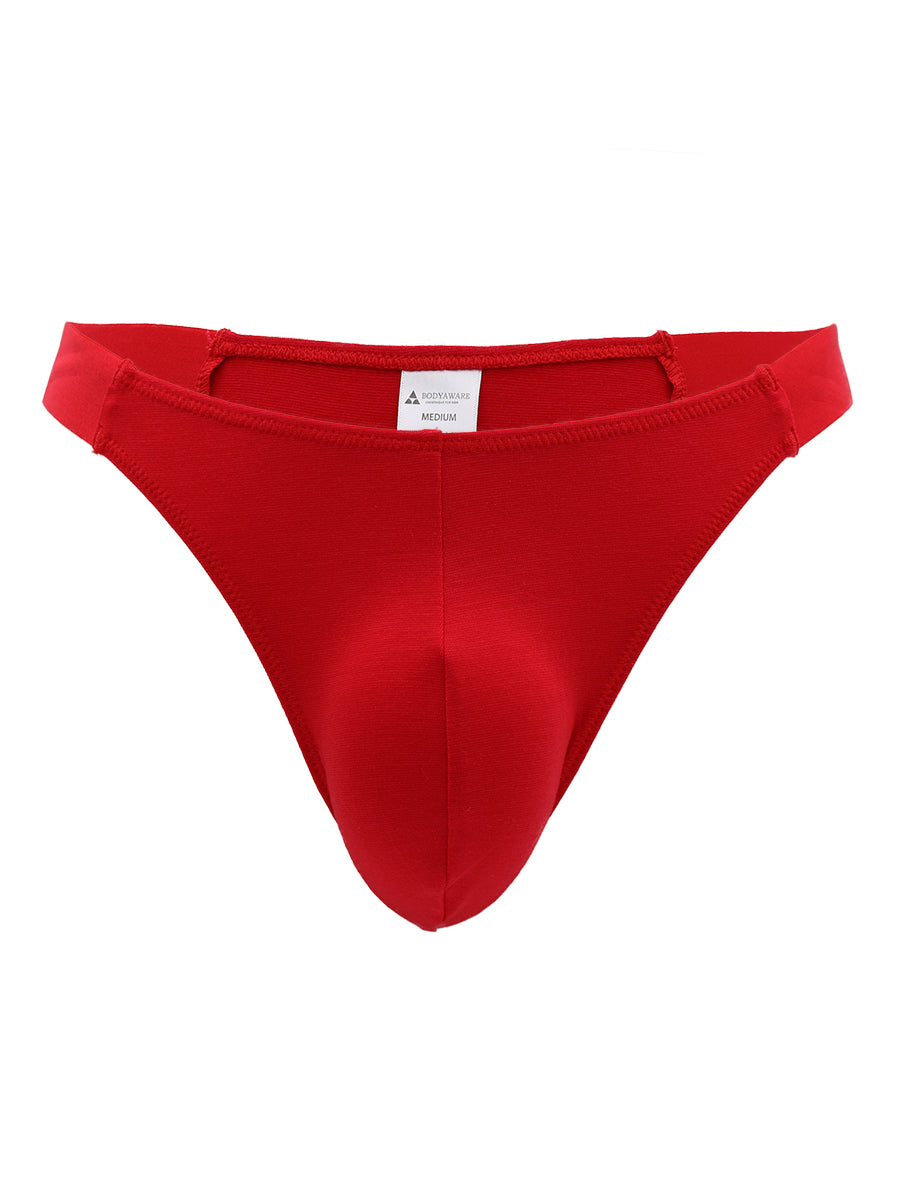 A red Body Aware men's thong on a white background.