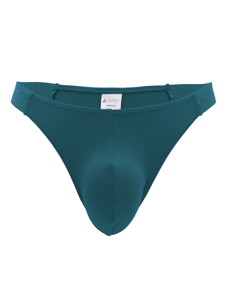 A teal green Body Aware men's thong on a white background.