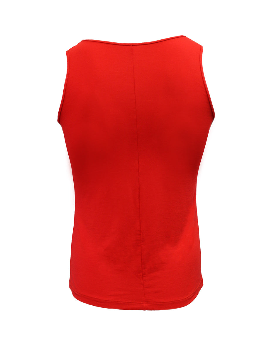 Back view of a red Body Aware men's tank top on a white background.