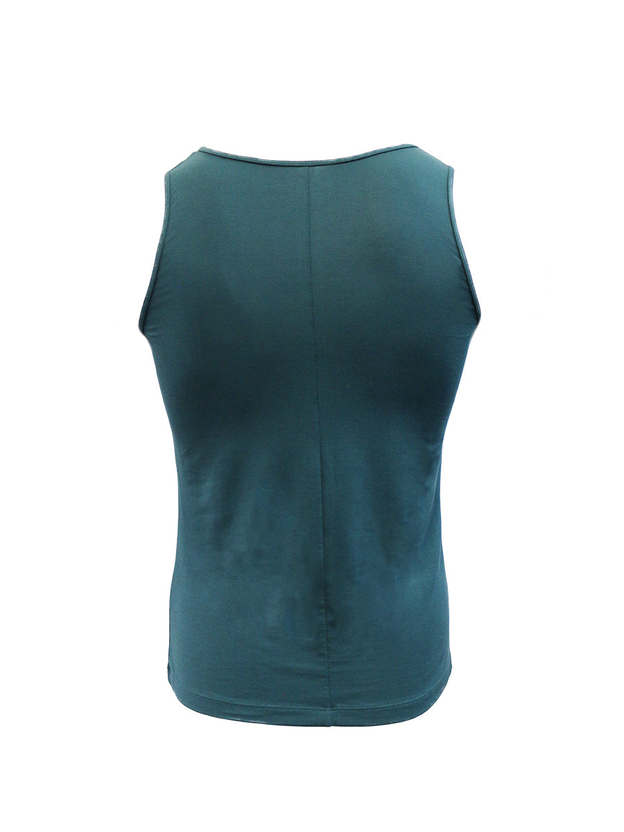 Back view of a teal green Body Aware men's tank top on a white background.