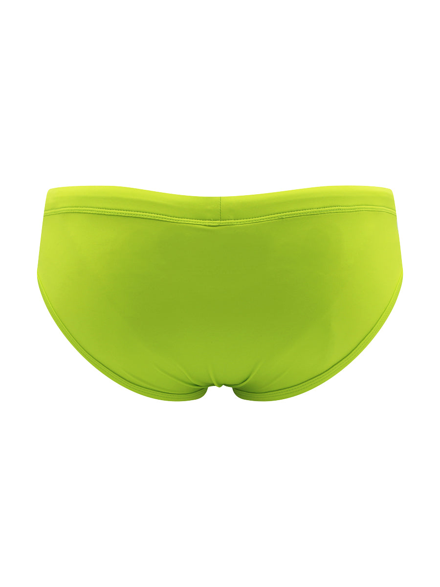Rear view of lime green swim briefs against a white background.