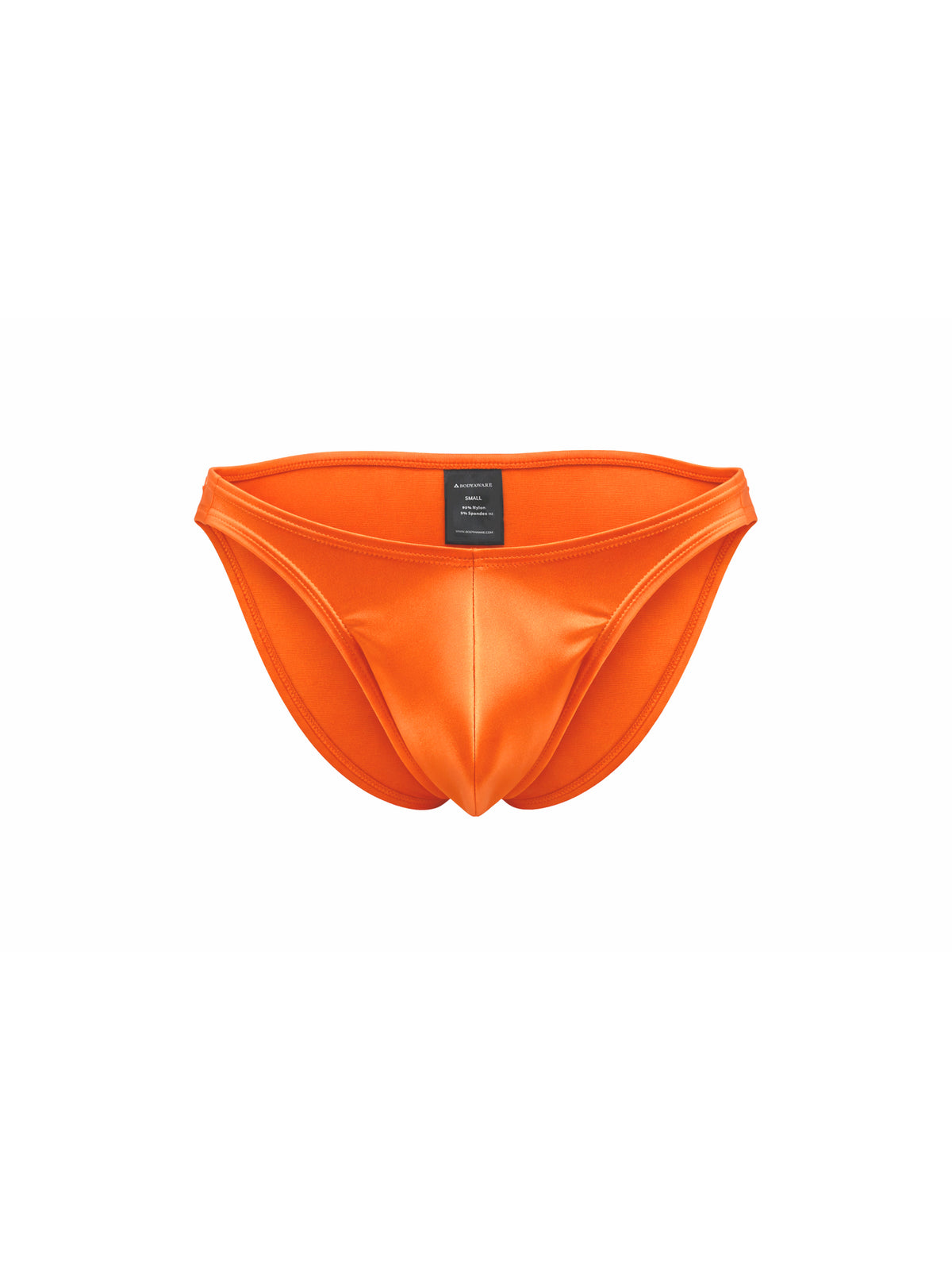Bright orange men's satin briefs , shown on a plain white background.