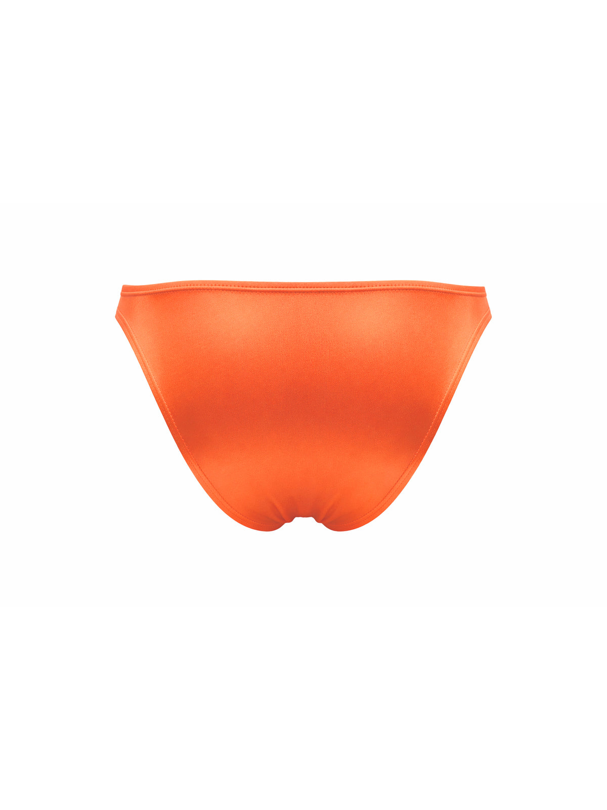 Bright orange men's satin brief photographed flat against a plain white background.