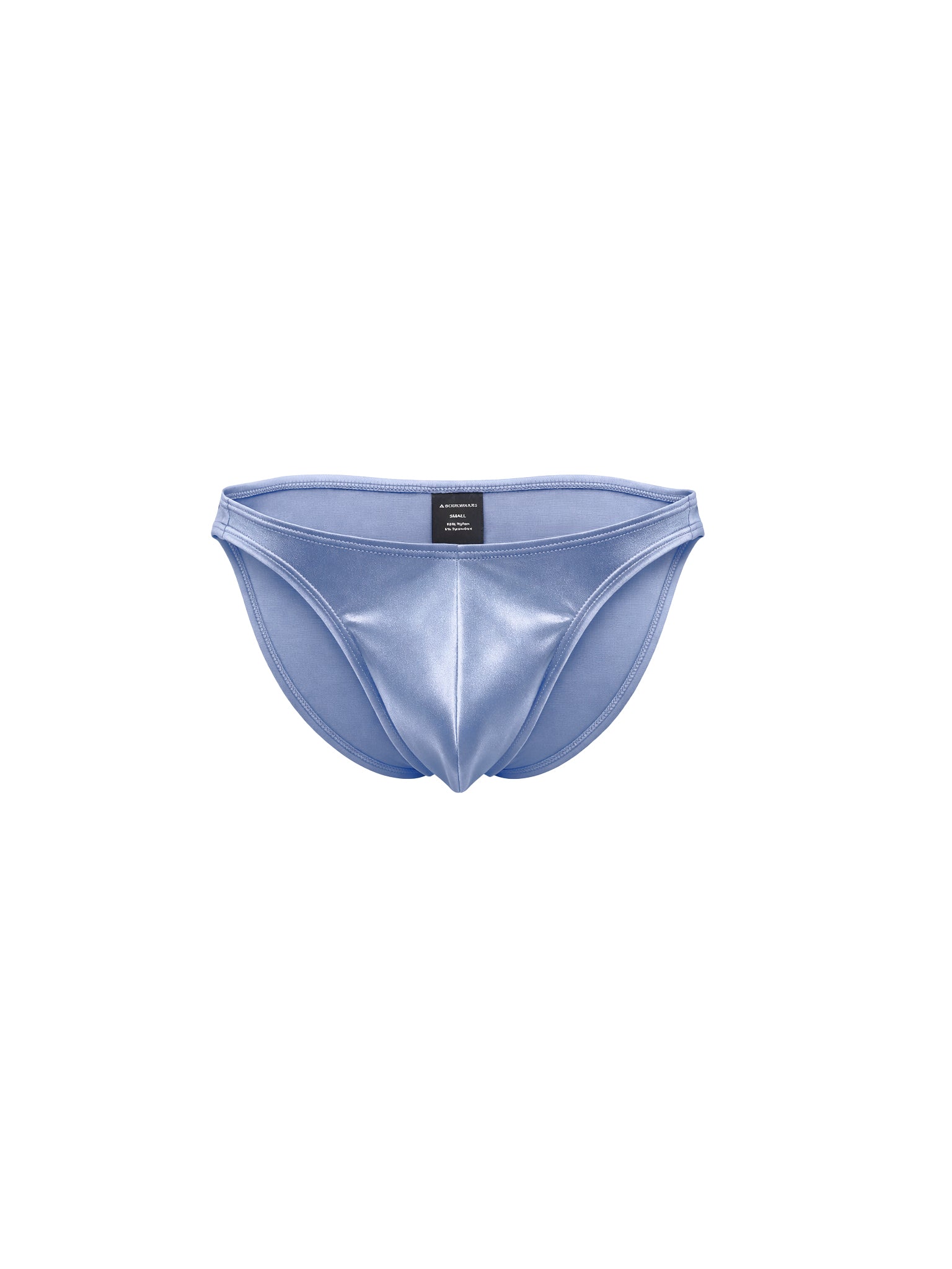 A pair of light blue satin briefs with a glossy finish, shown against a plain white background.