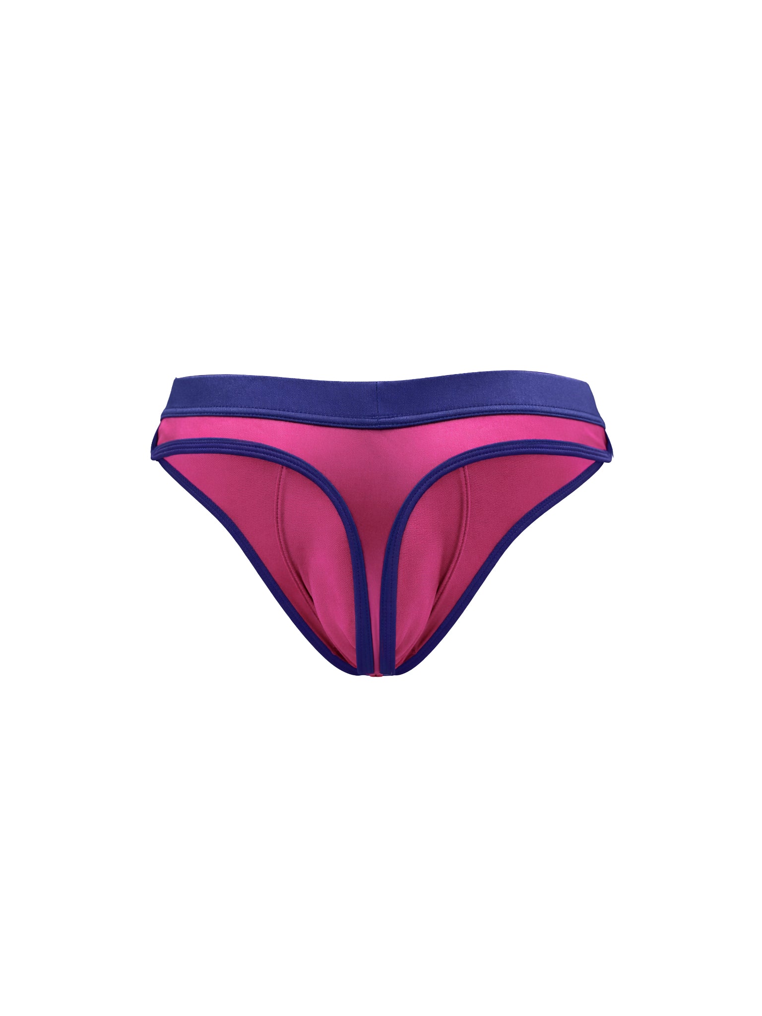 A pink satin thong with a navy blue waistband, shown against a plain white background.