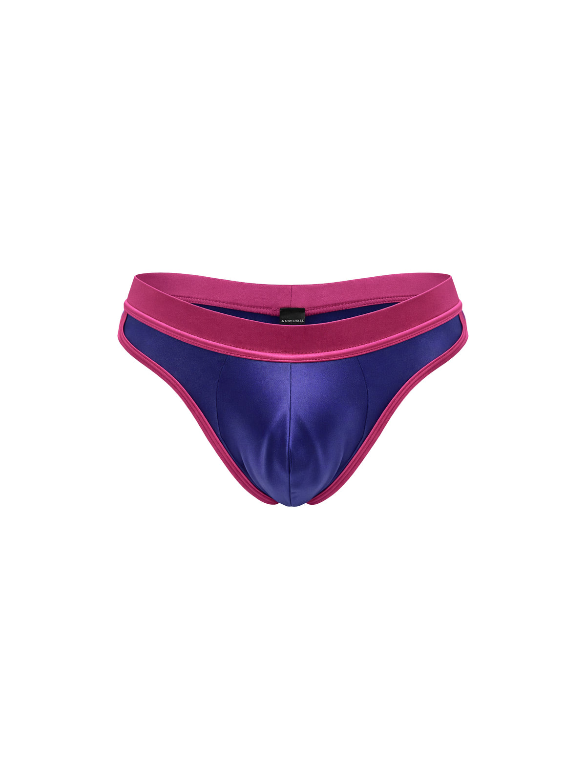 A men's navy blue satin thong with a pink waistband, shown against a plain white background.