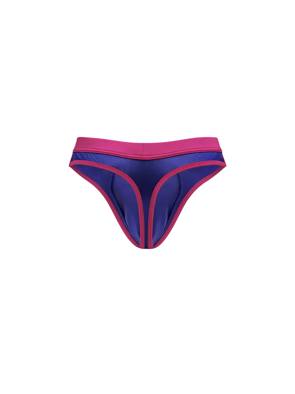 A men's navy blue satin thong with a pink waistband, shown against a plain white background.