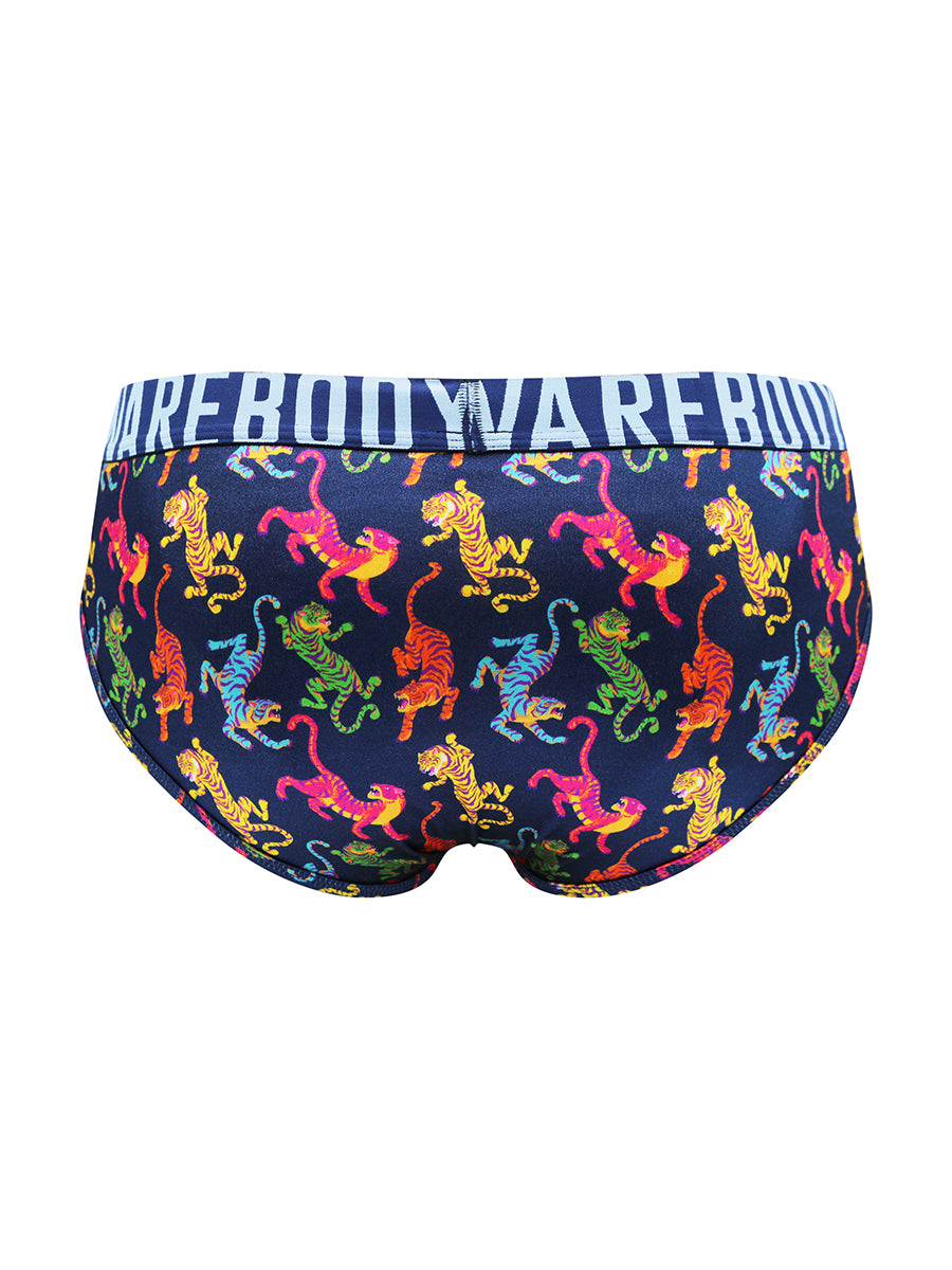 Navy blue satin briefs with a Body Aware branded waistband and a colorful tiger pattern.