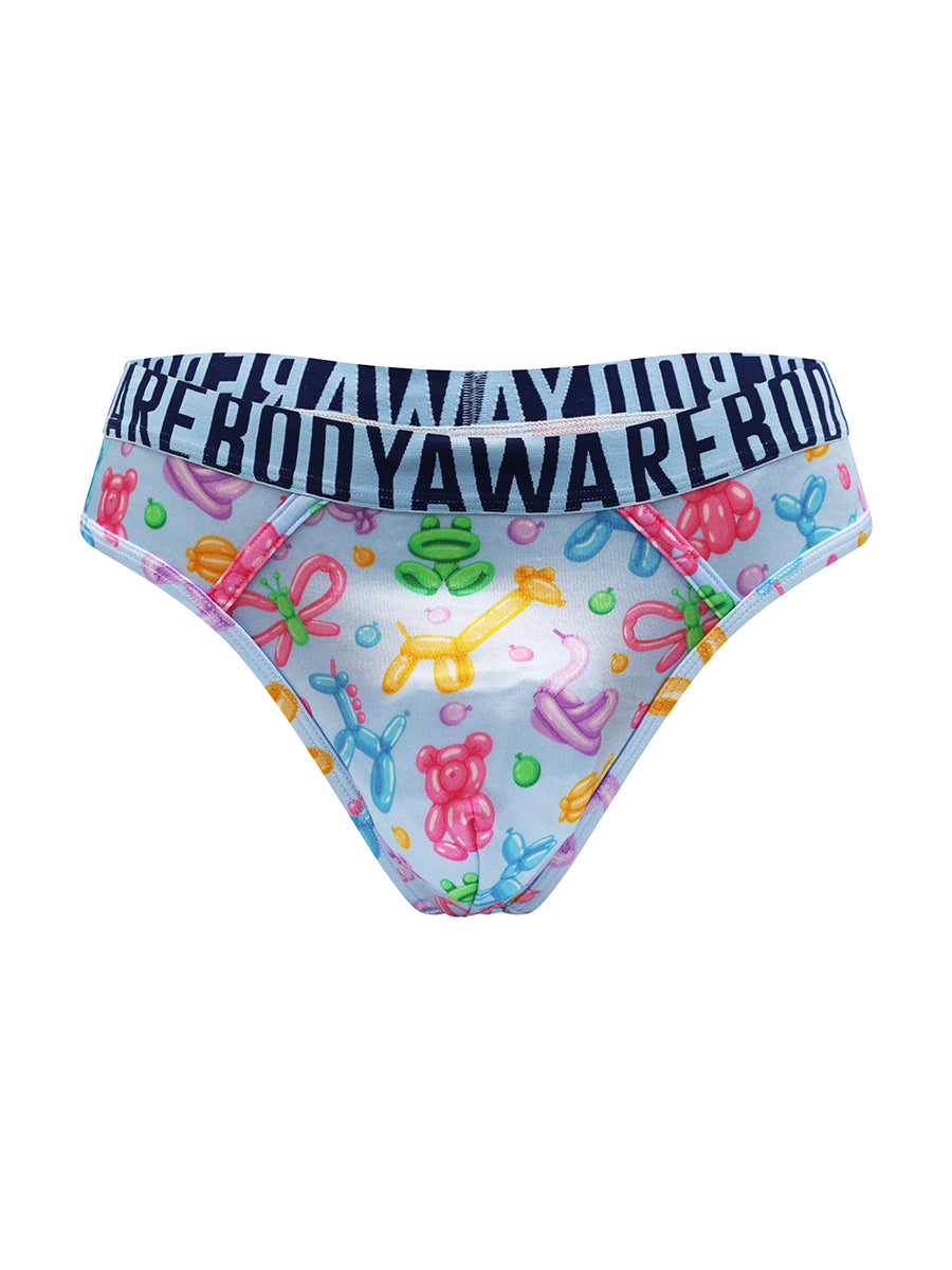 A light blue satin thong with a Body Aware branded waistband on a white background