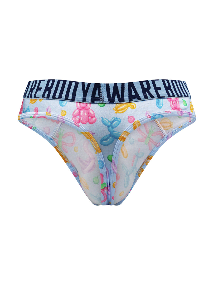 Back view of a light blue satin thong with a Body Aware branded waistband on a white background