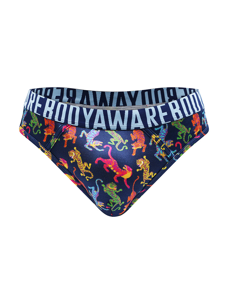 A navy blue satin thong with a Body Aware branded waistband on a white background