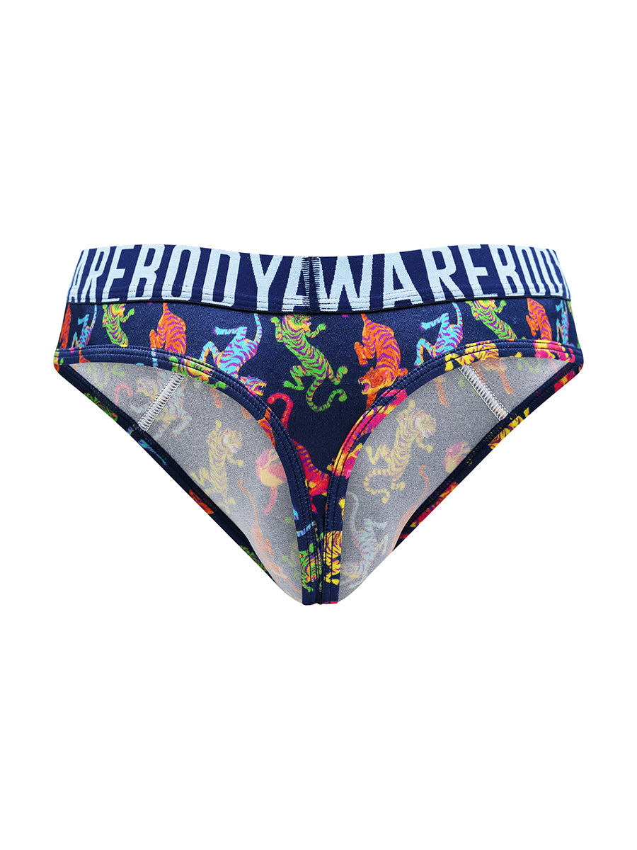 Back view of a navy blue satin thong with a Body Aware branded waistband on a white background