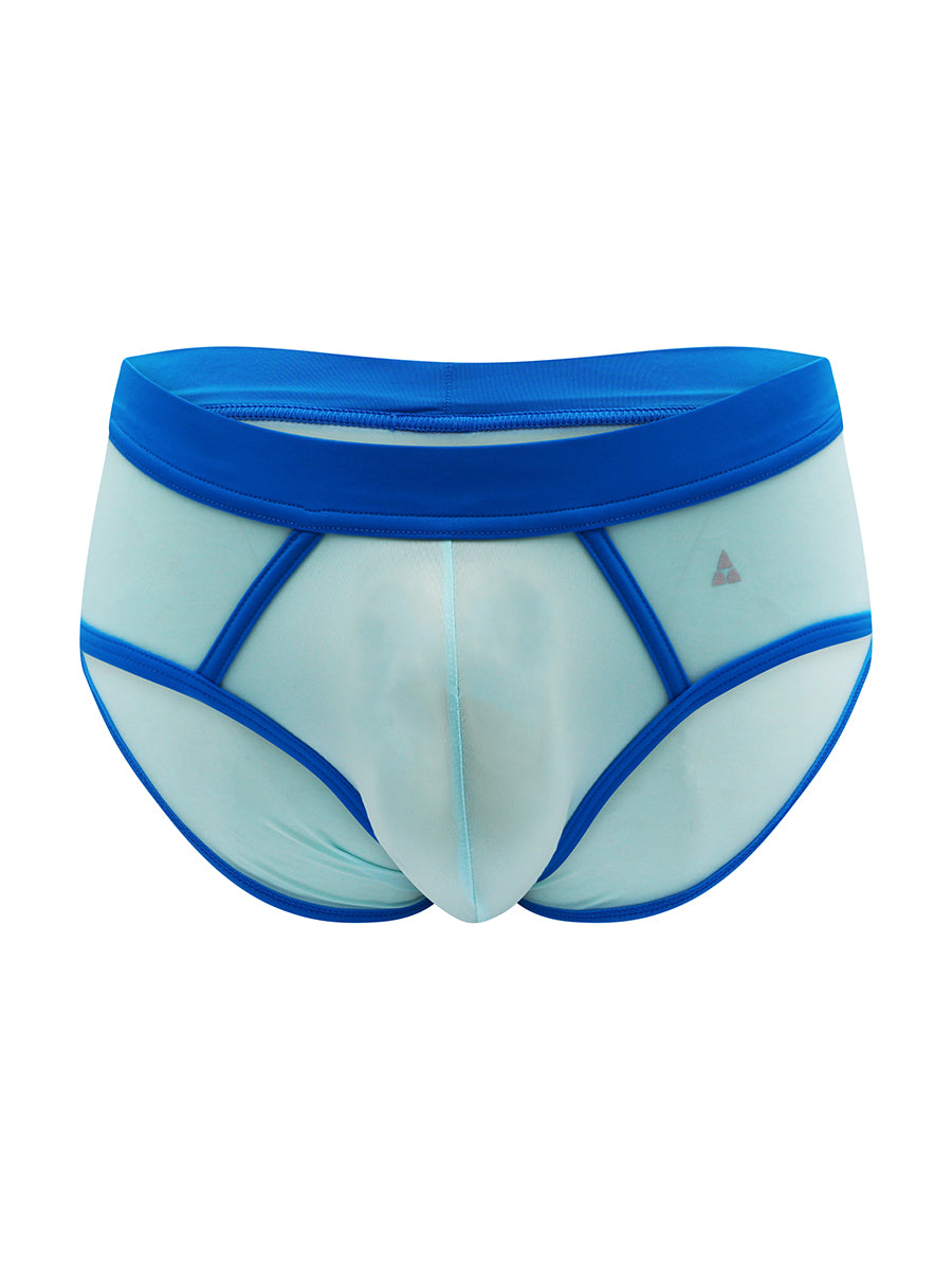 Front view of a light blue brief with a turquoise waistband against a white background. 