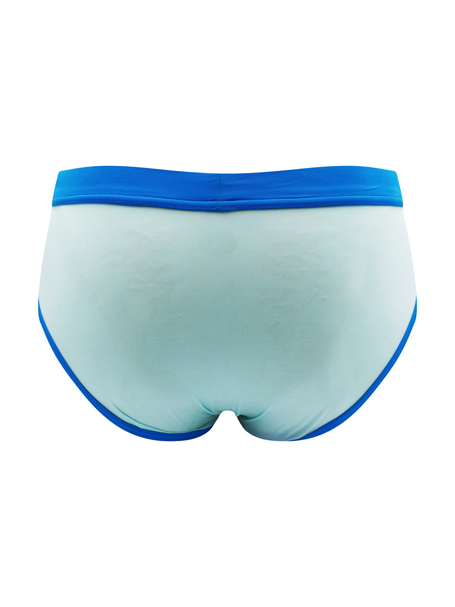Back view of a light blue brief with a turquoise waistband against a white background. 