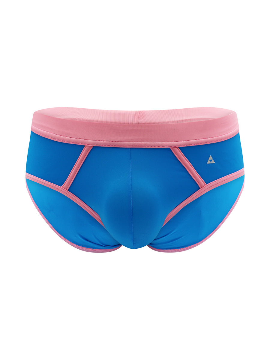 Blue men's underwear with pink waistband on a white background