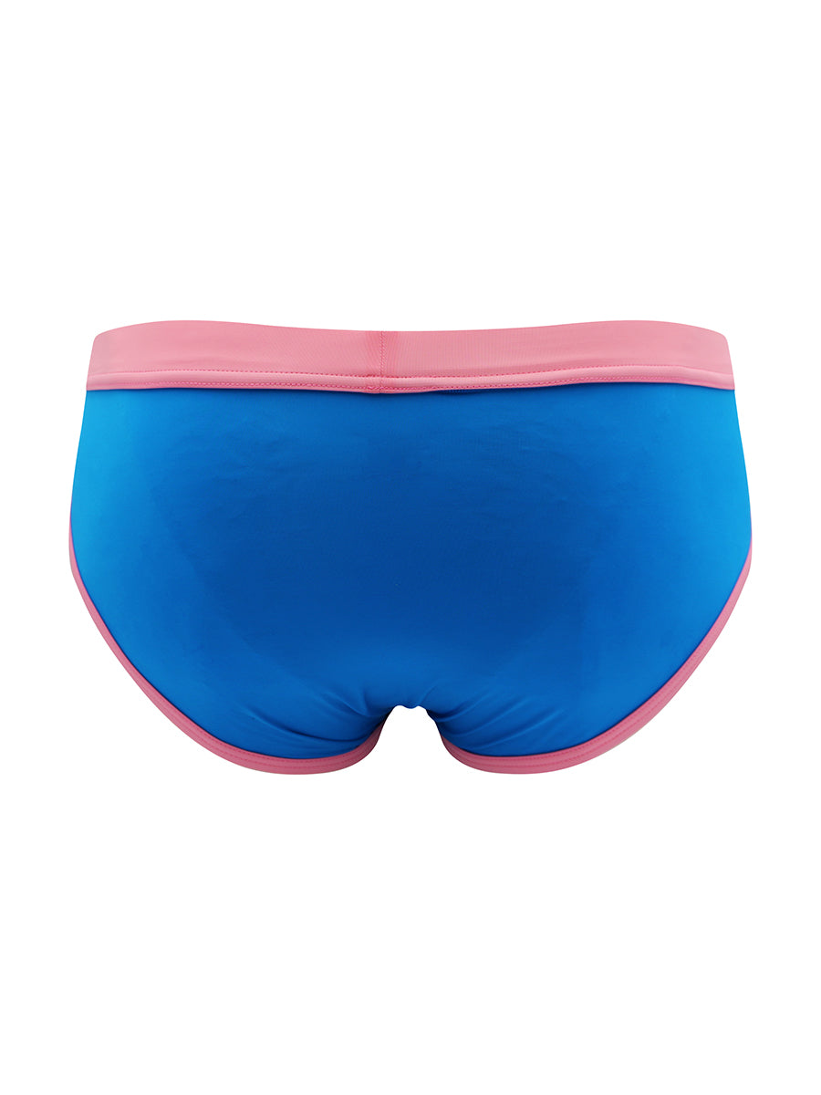 Back view of a bright blue brief with pink trim against a white background.