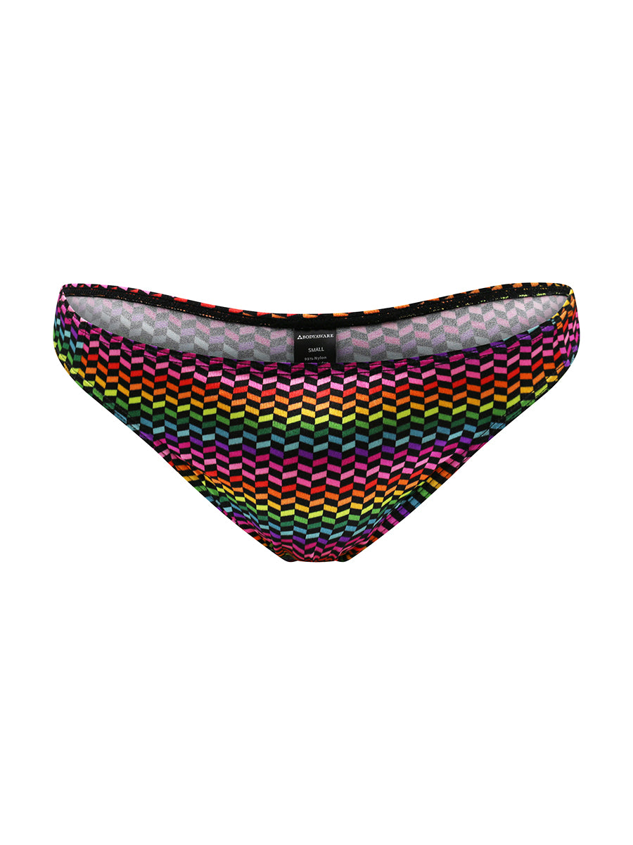 Front view of a rainbow pattern men's thong on a white background.