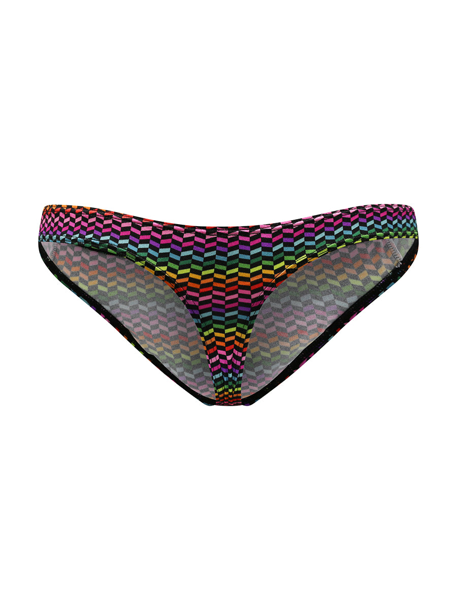 Back view of a rainbow pattern men's thong on a white background.
