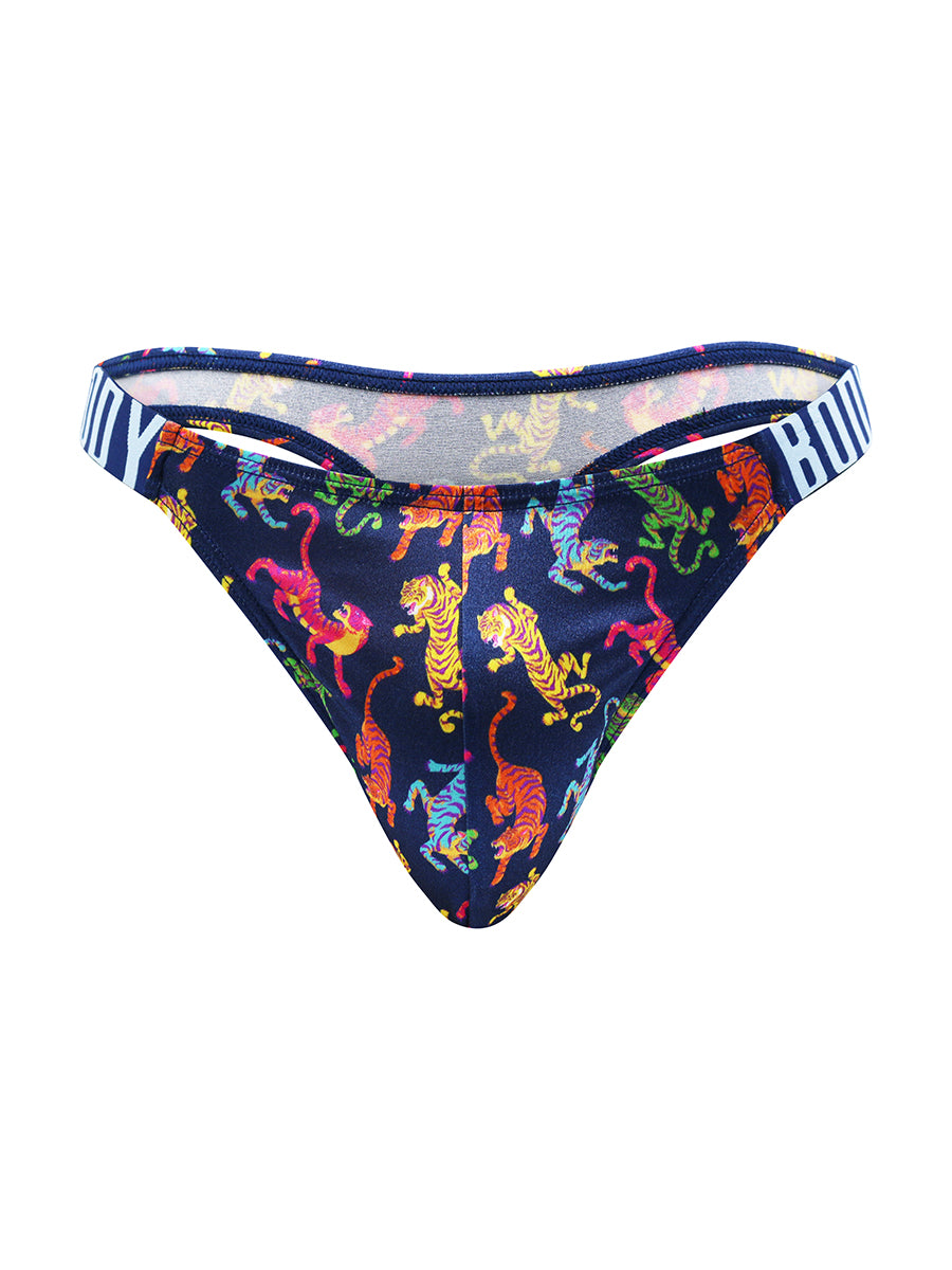 Front view of a navy blue satin thong with a colorful tiger print on a white background.