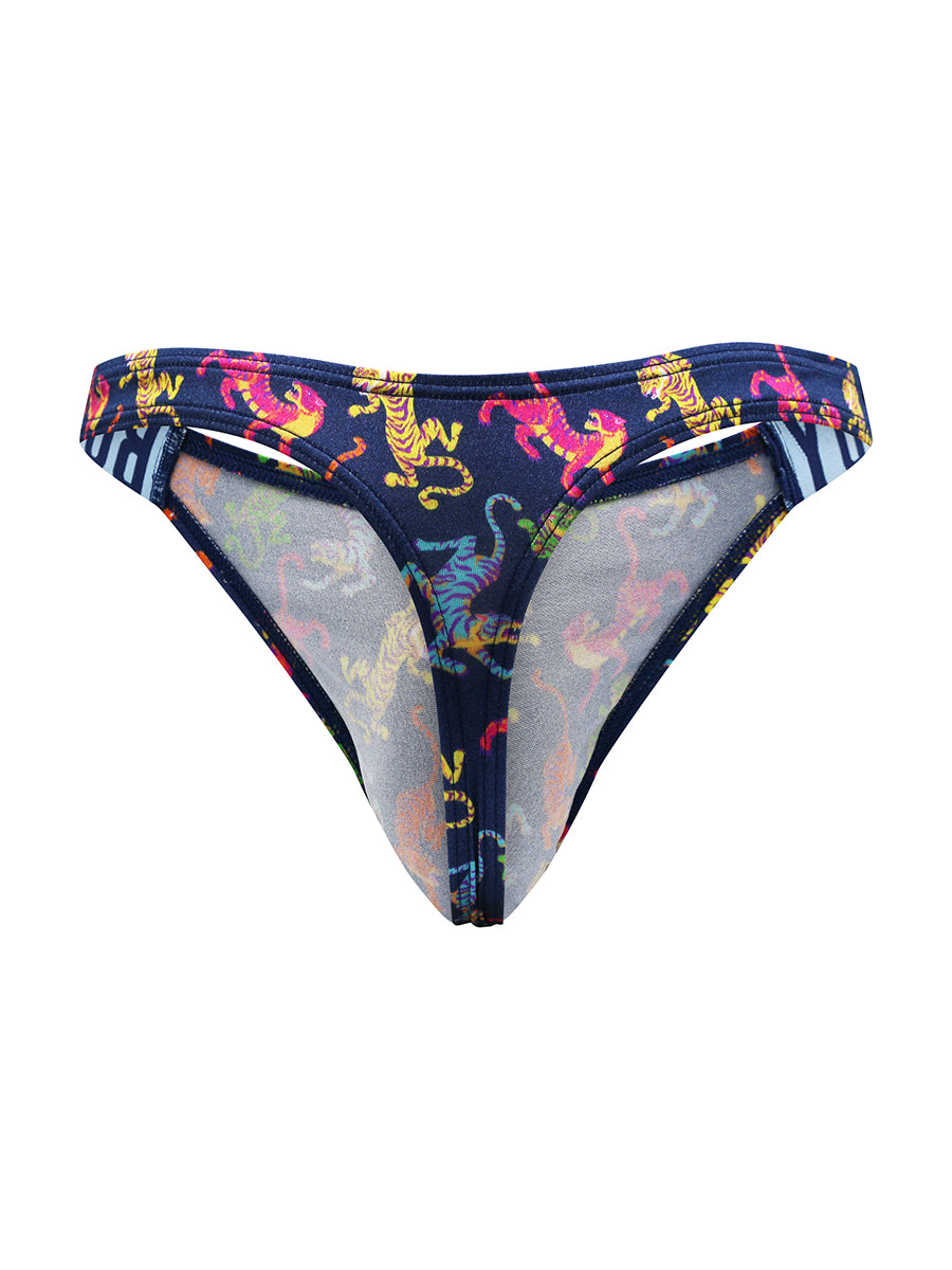Rear view of a navy blue satin thong with a colorful tiger print on a white background.