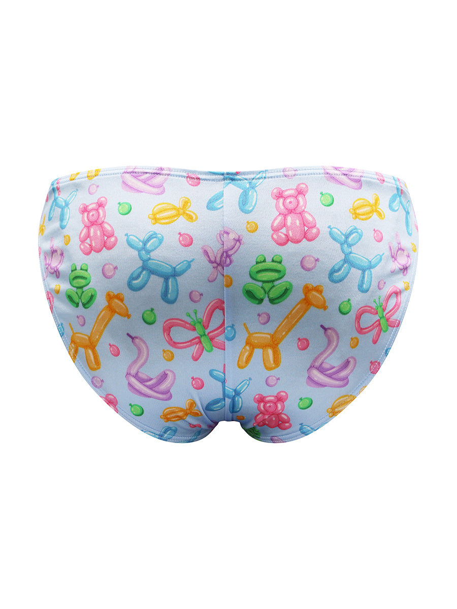 Back view of light blue satin briefs with a colorful balloon animal print, against a white background.