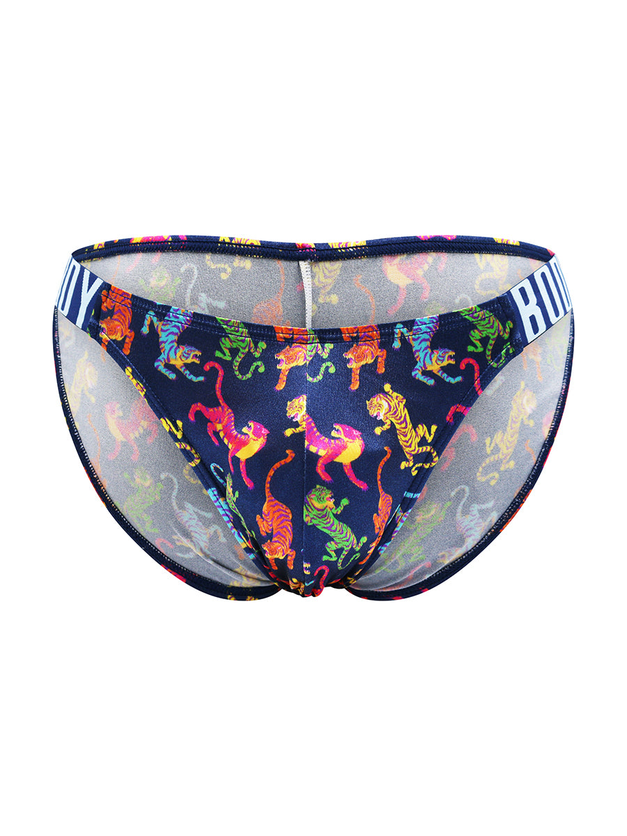 Front view of navy blue satin briefs with a colorful tiger print, against a white background.