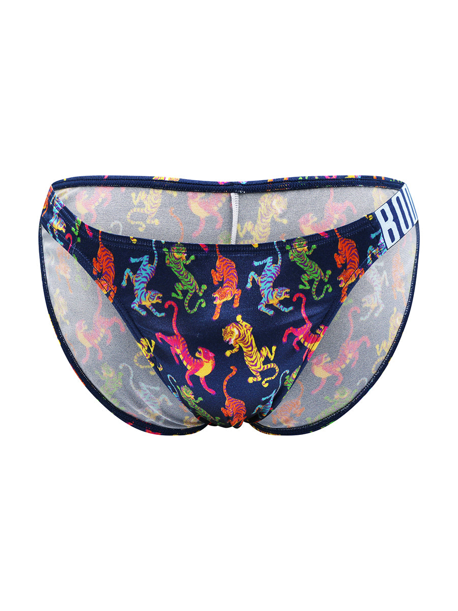 Navy blue satin men's underwear with a colorful tiger pattern and a Body Aware branded waistband.