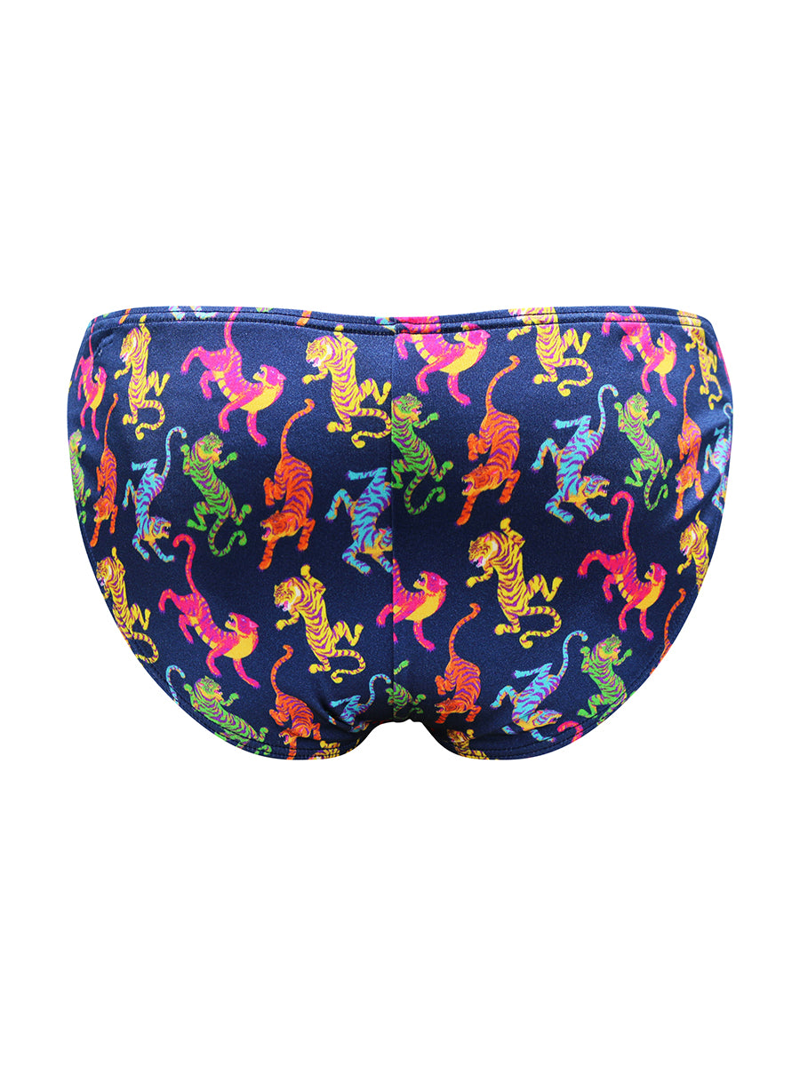 Back view of navy blue satin men's underwear with a colorful tiger pattern.