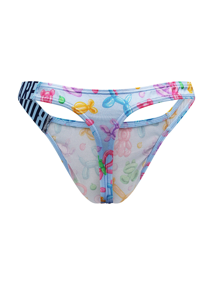 A light blue satin thong with a Body Aware waistband, on a white background.