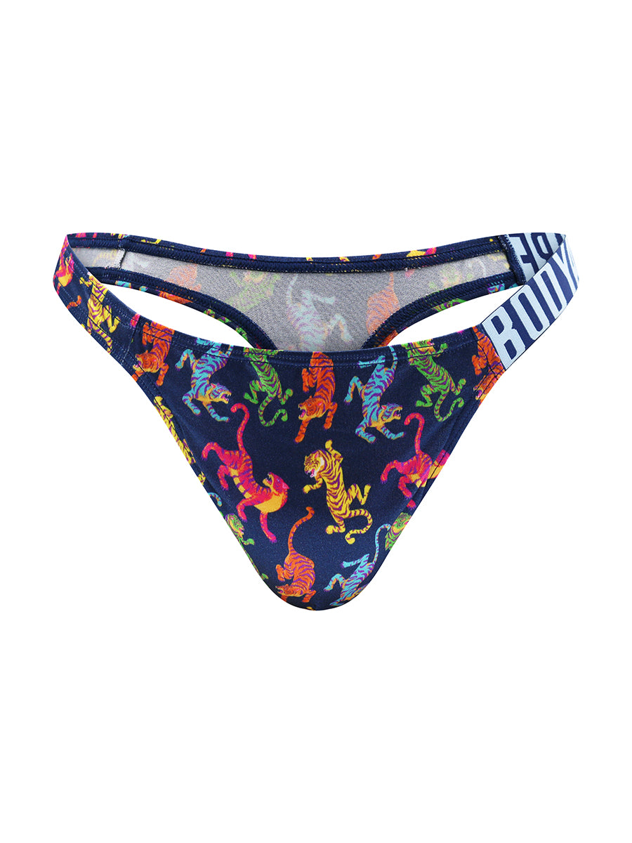 A navy blue satin thong with a Body Aware waistband, on a white background.