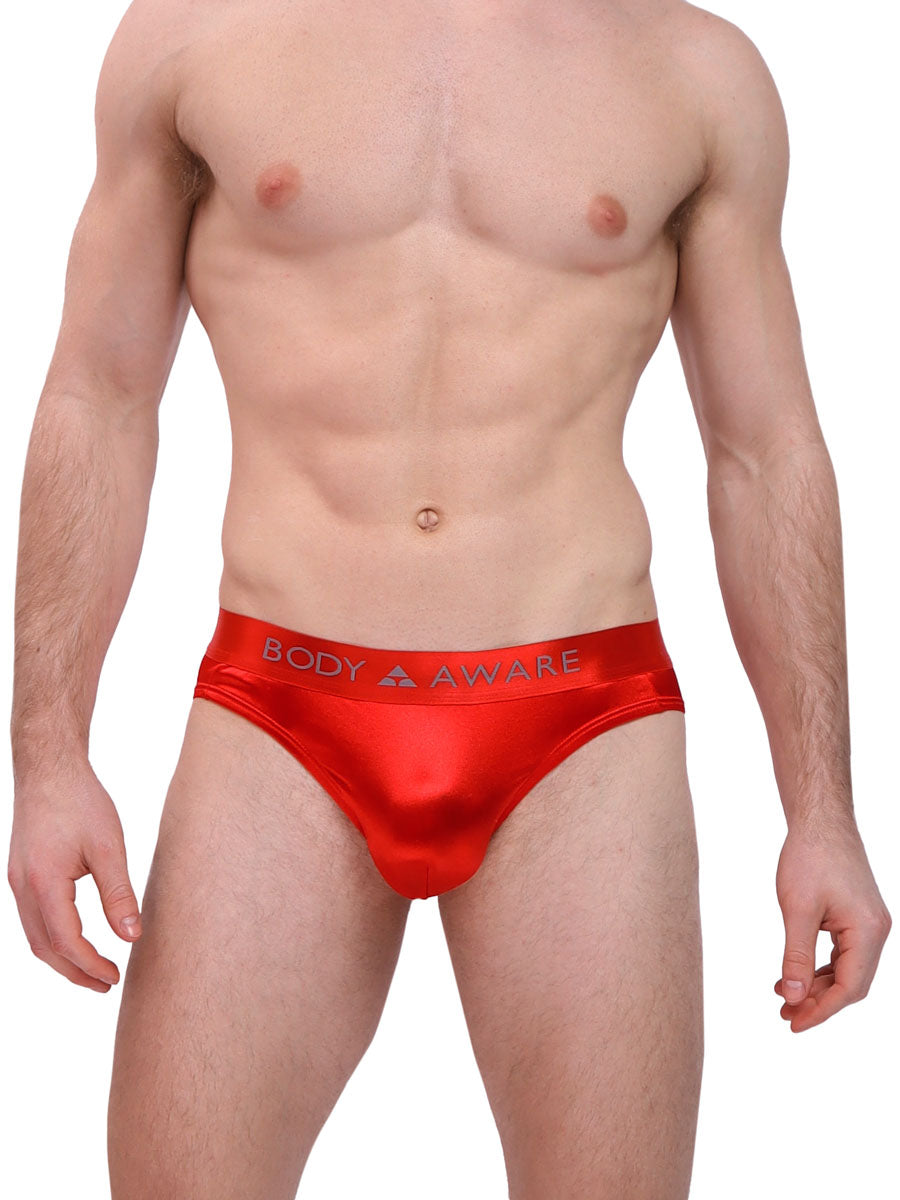 men's red satin logo brief - Body Aware