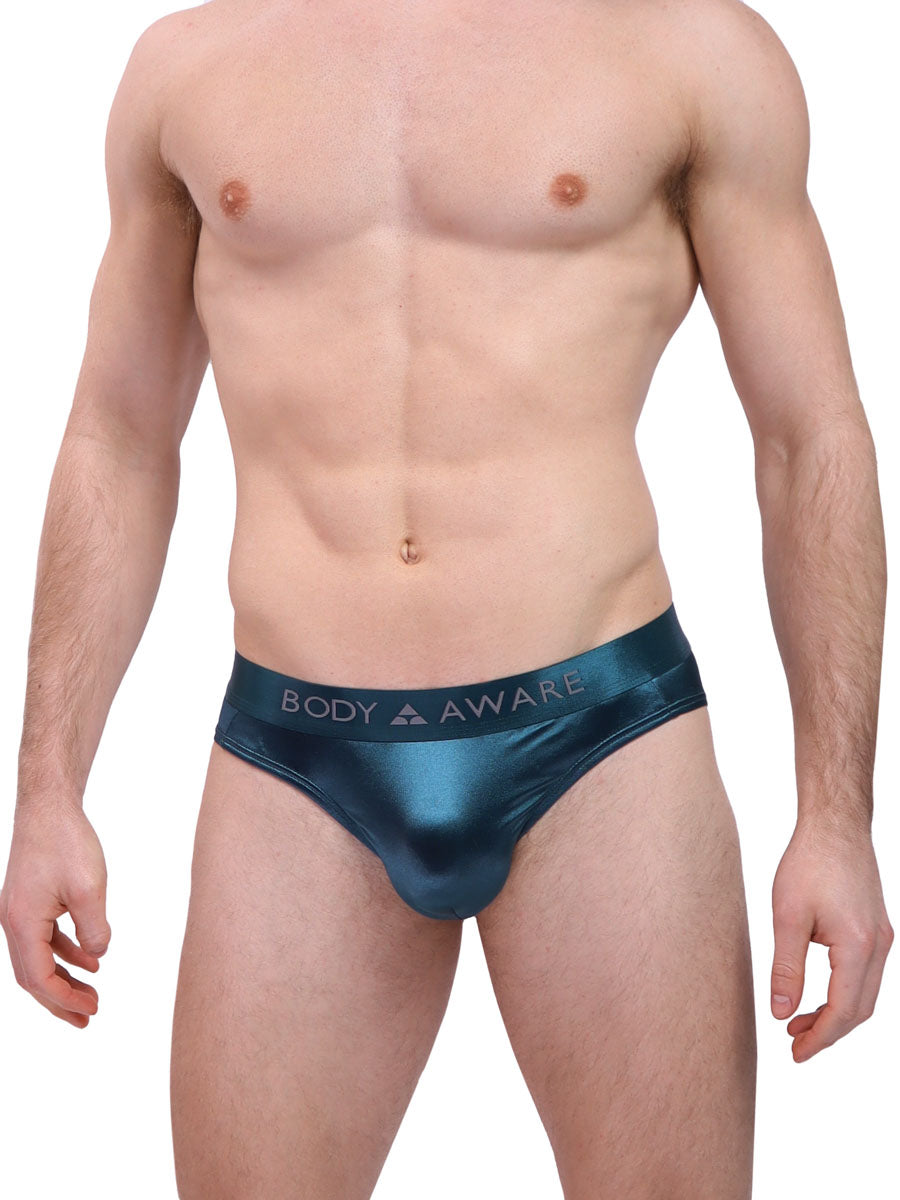 Men’s Teal Satin Logo Briefs - Satin Underwear For Men - Body Aware