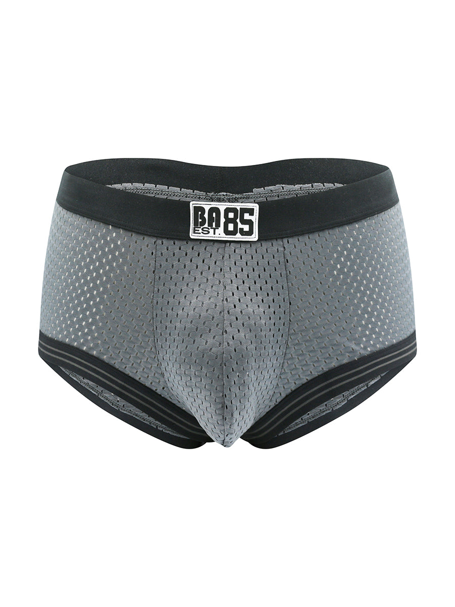 Grey boxer briefs with a black waistband and Body Aware branding, on a white background.