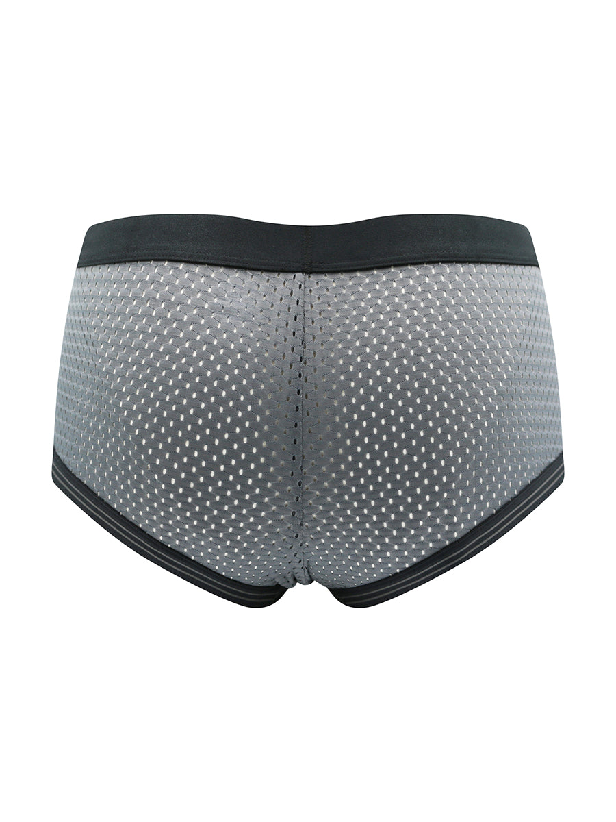 Gray boxer briefs with a black waistband on a white background
