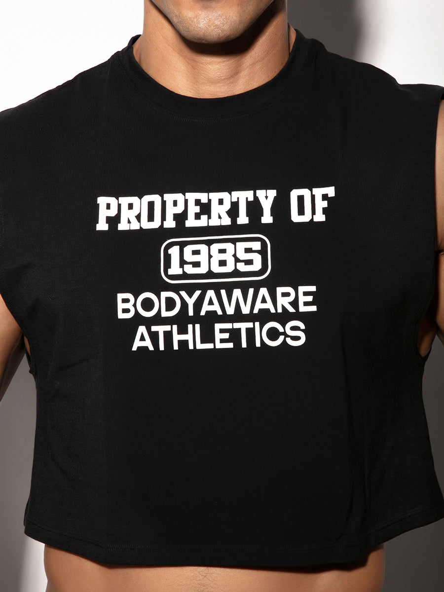 Black sleeveless crop top with 'Property of Body Aware Athletics' written on the chest
