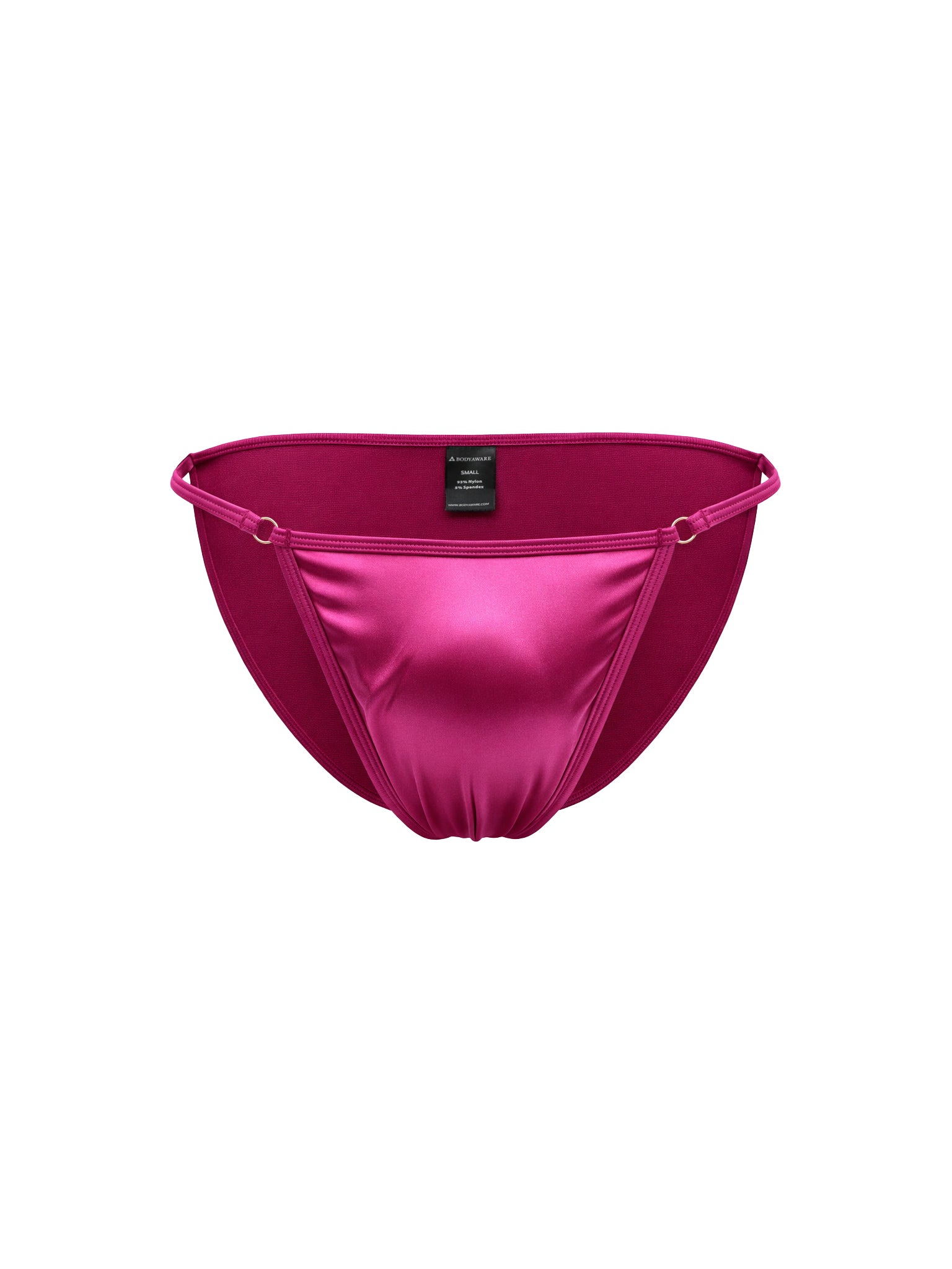 A pair of pink satin bikini bottoms, displayed on a clean white background.