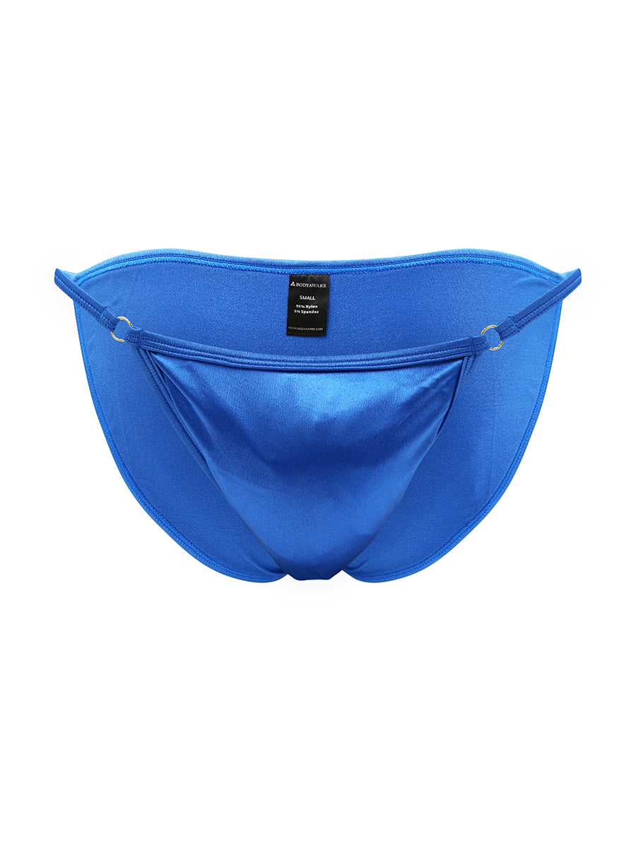 A blue satin bikini brief against a white background.
