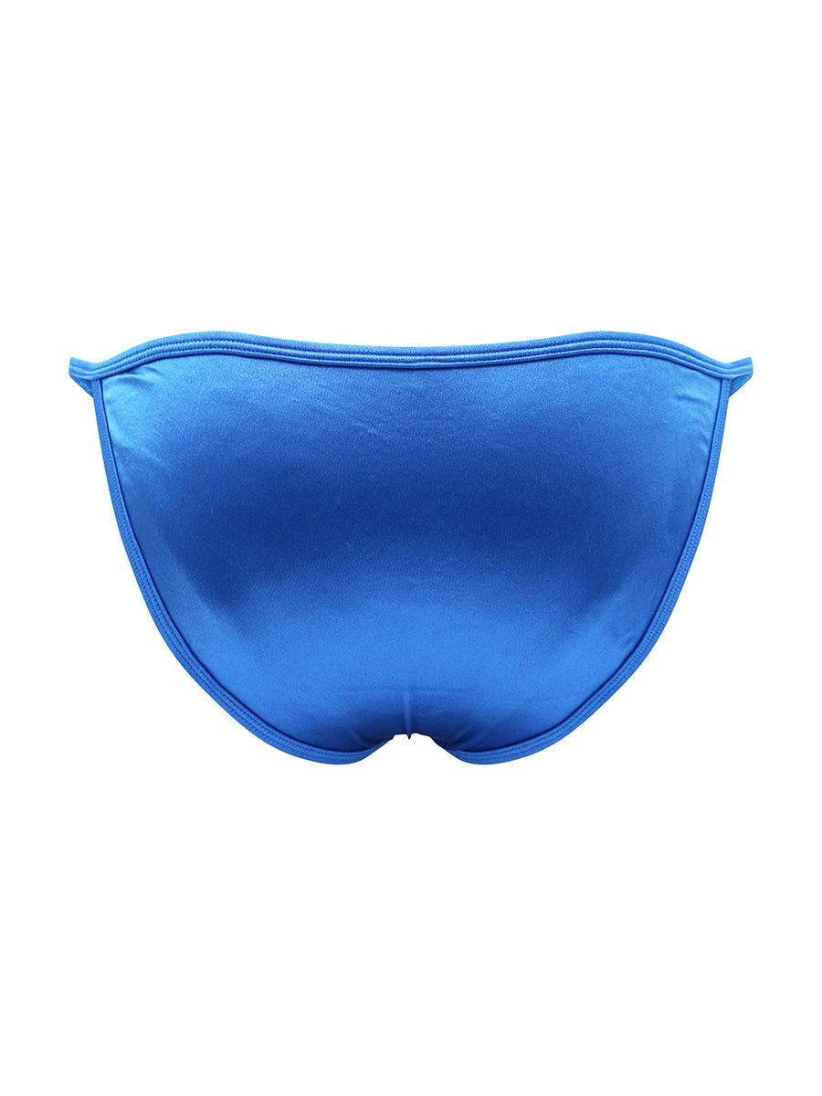 Back view of a blue satin bikini brief against a white background.