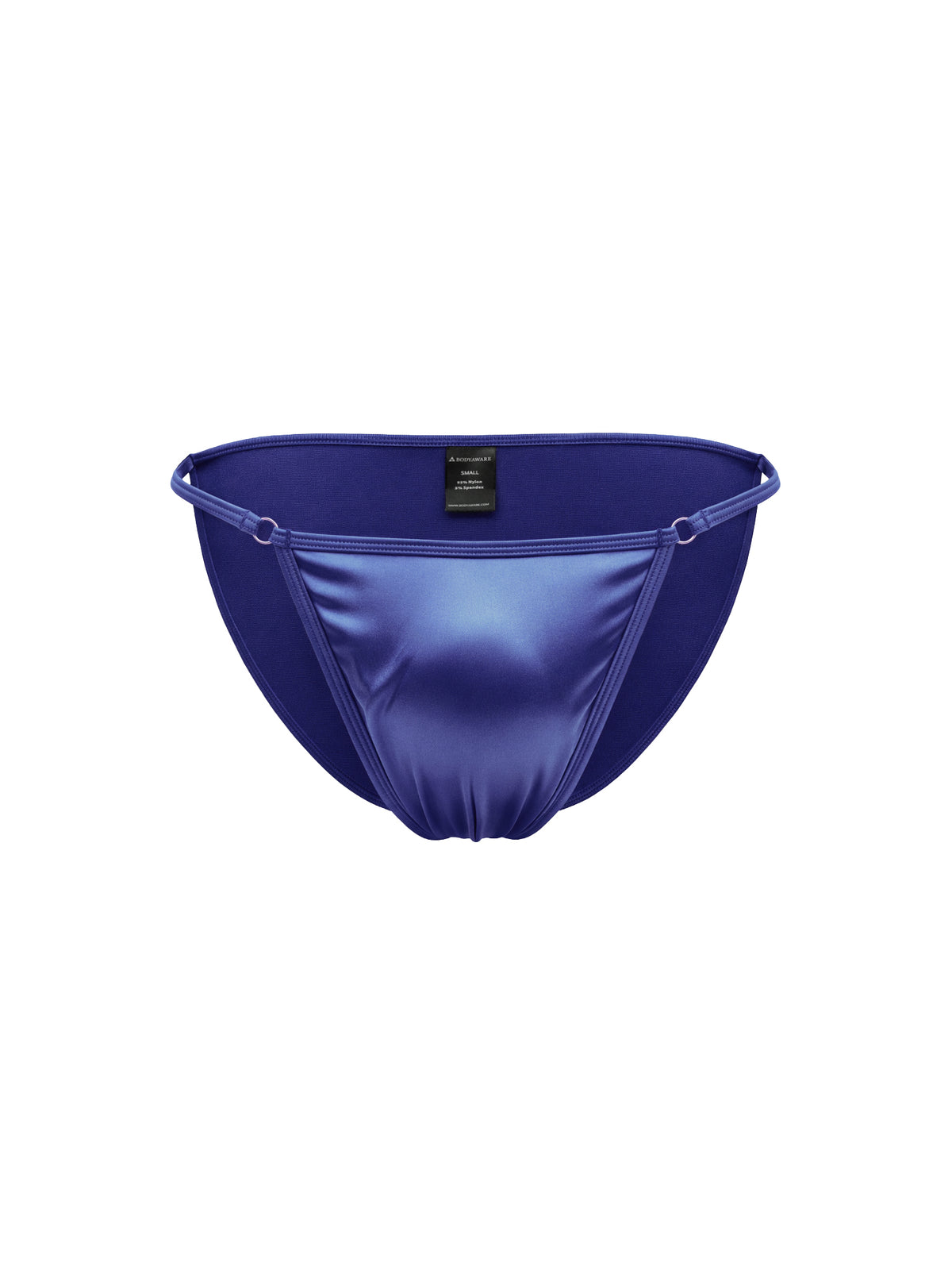 A pair of navy blue satin briefs, shown on a plain white background.