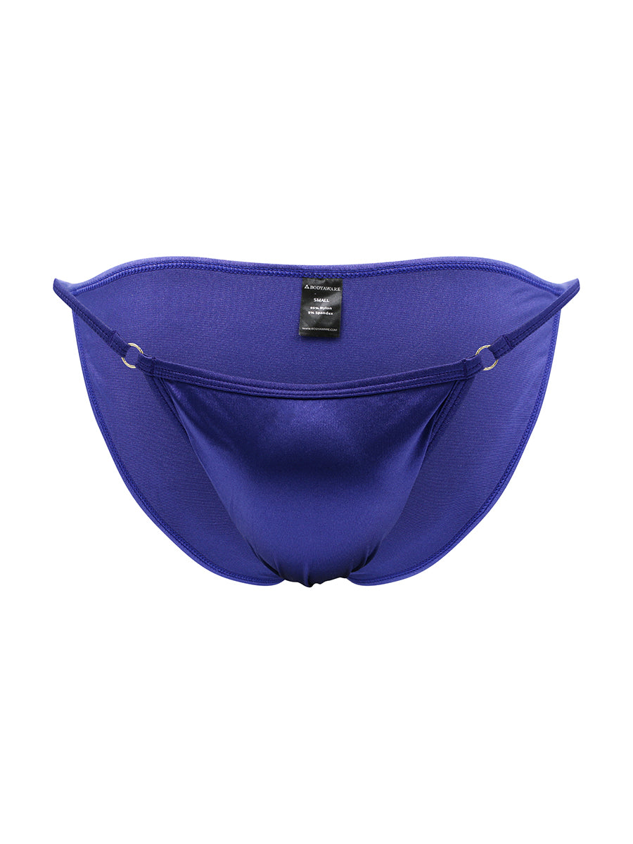 Front view of a navy blue satin bikini brief against a white background.