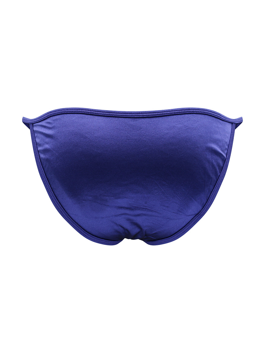 Back view of a navy blue satin bikini brief against a white background.