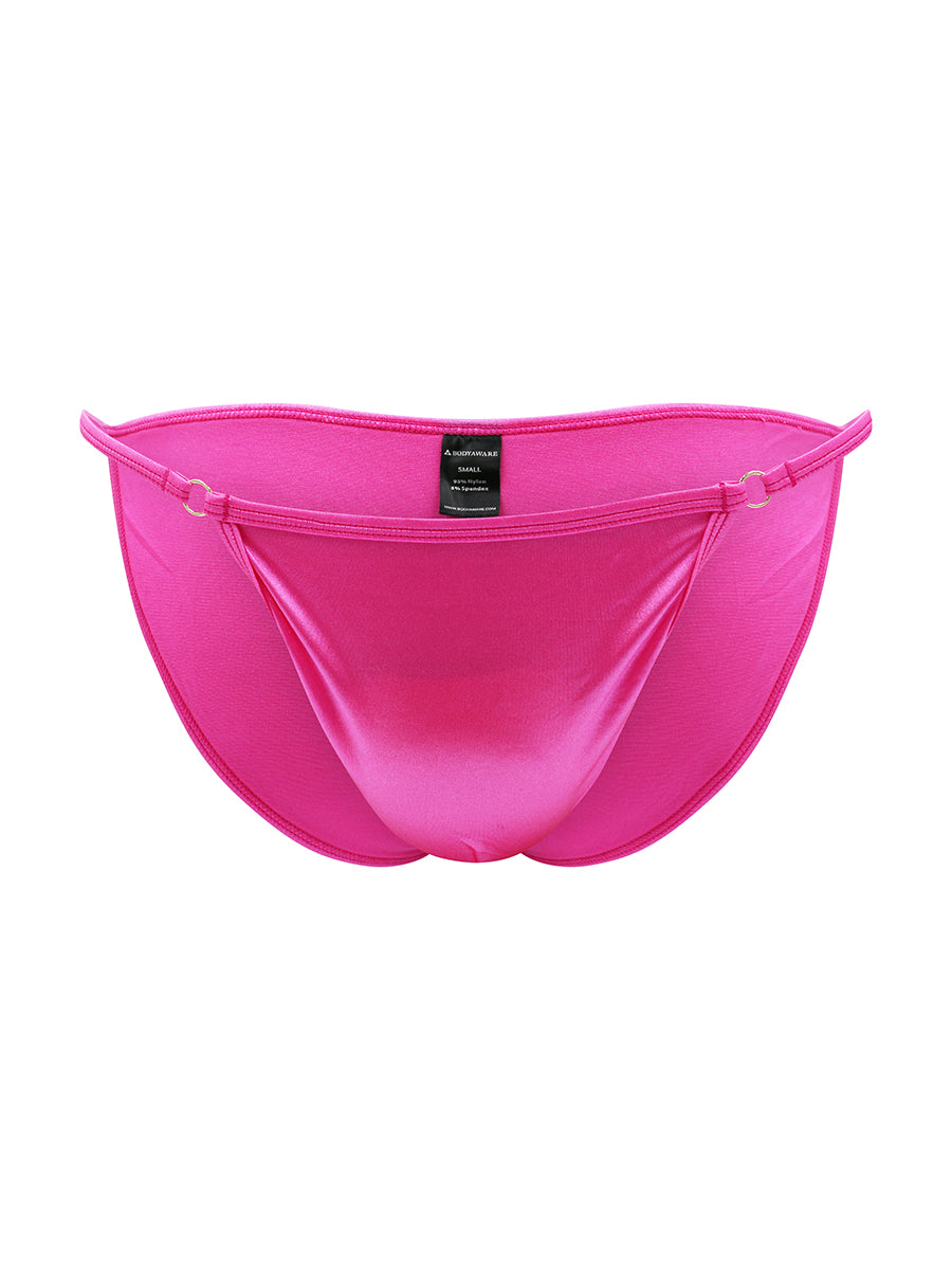 A hot pink satin bikini brief against a white background.